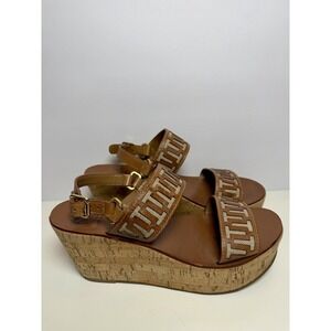 Tory Burch Regan Cork Wedge T Logo Brown Leather Sandal's Women's Size 9.5